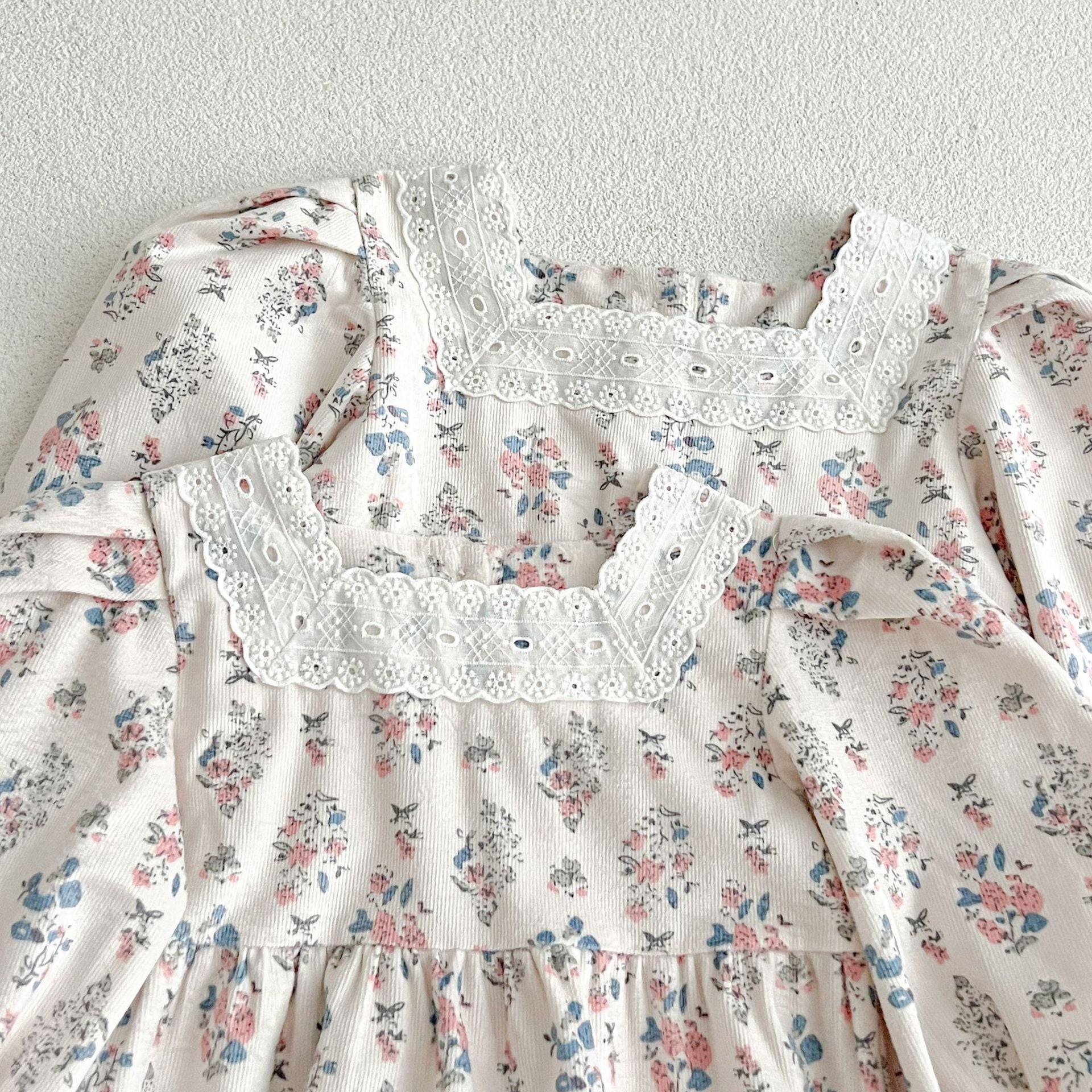 Floral Square Neck Lantern Long Sleeve Sweet Princess Onesies&Dress-5