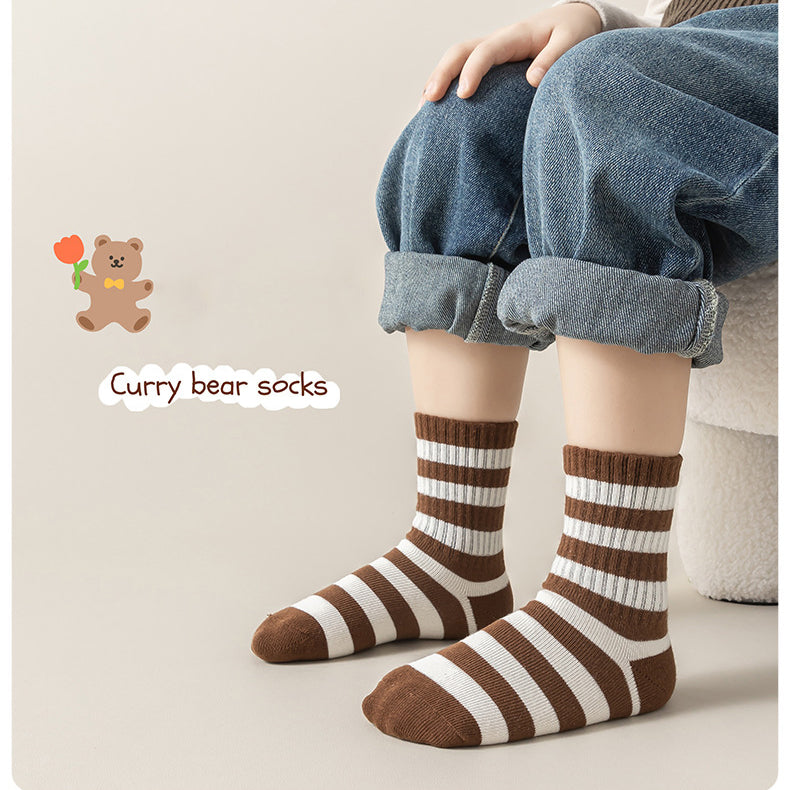 Kids Unisex Breathable Comfy Brown Bear Series Cartoon Pattern Socks Set-4