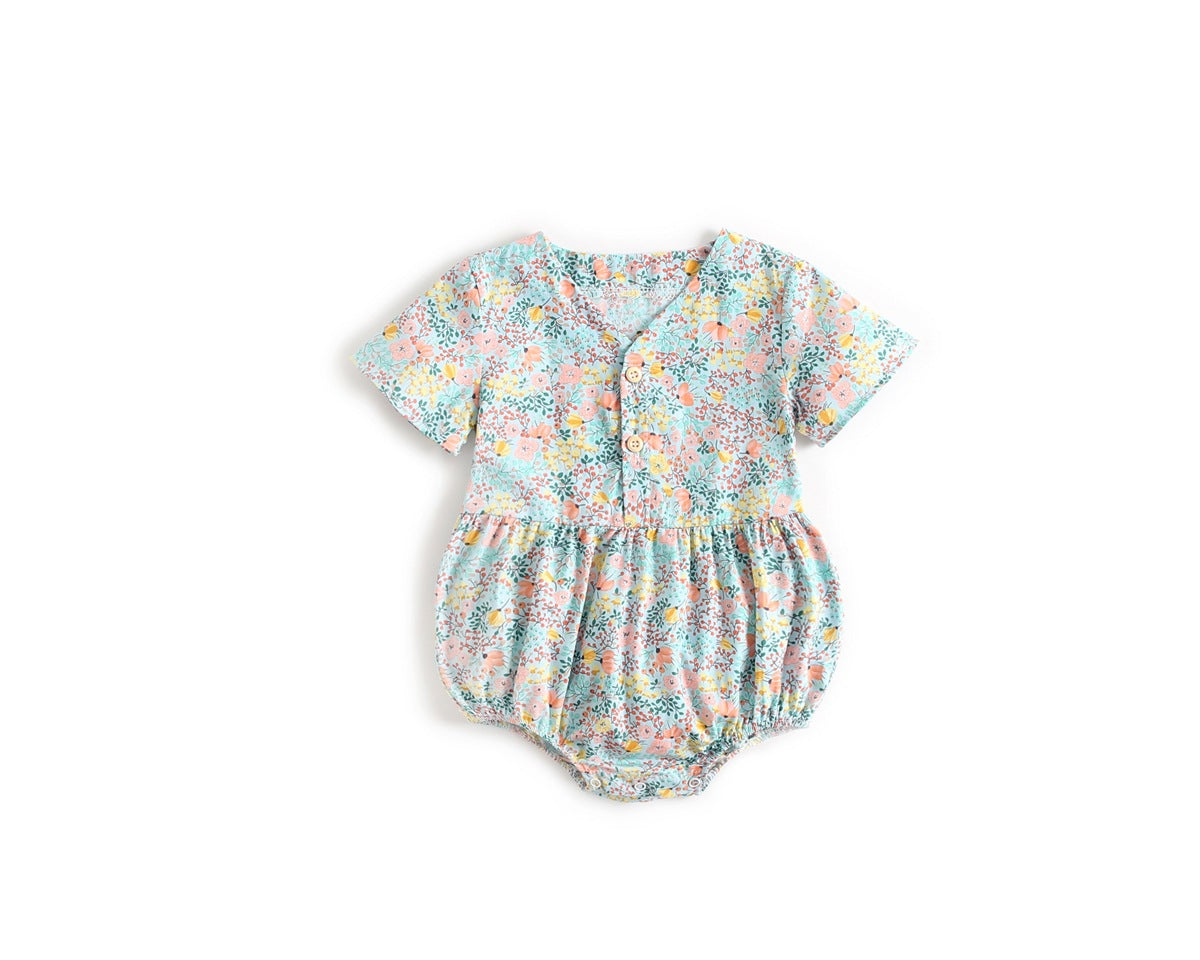 Baby Girls Floral Print V-Neck Buttoned Design Short-Sleeved Onesies-5