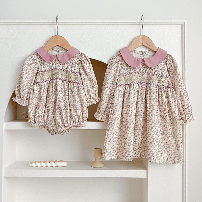 Autumn Floral Graphic Sister Clothes Dress & Onesies-4
