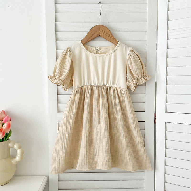 Summer Girls Apricot Patchwork Crew Neck Short Sleeves Onesies And Girls’ Dress – Simple Sister Matching Set-4
