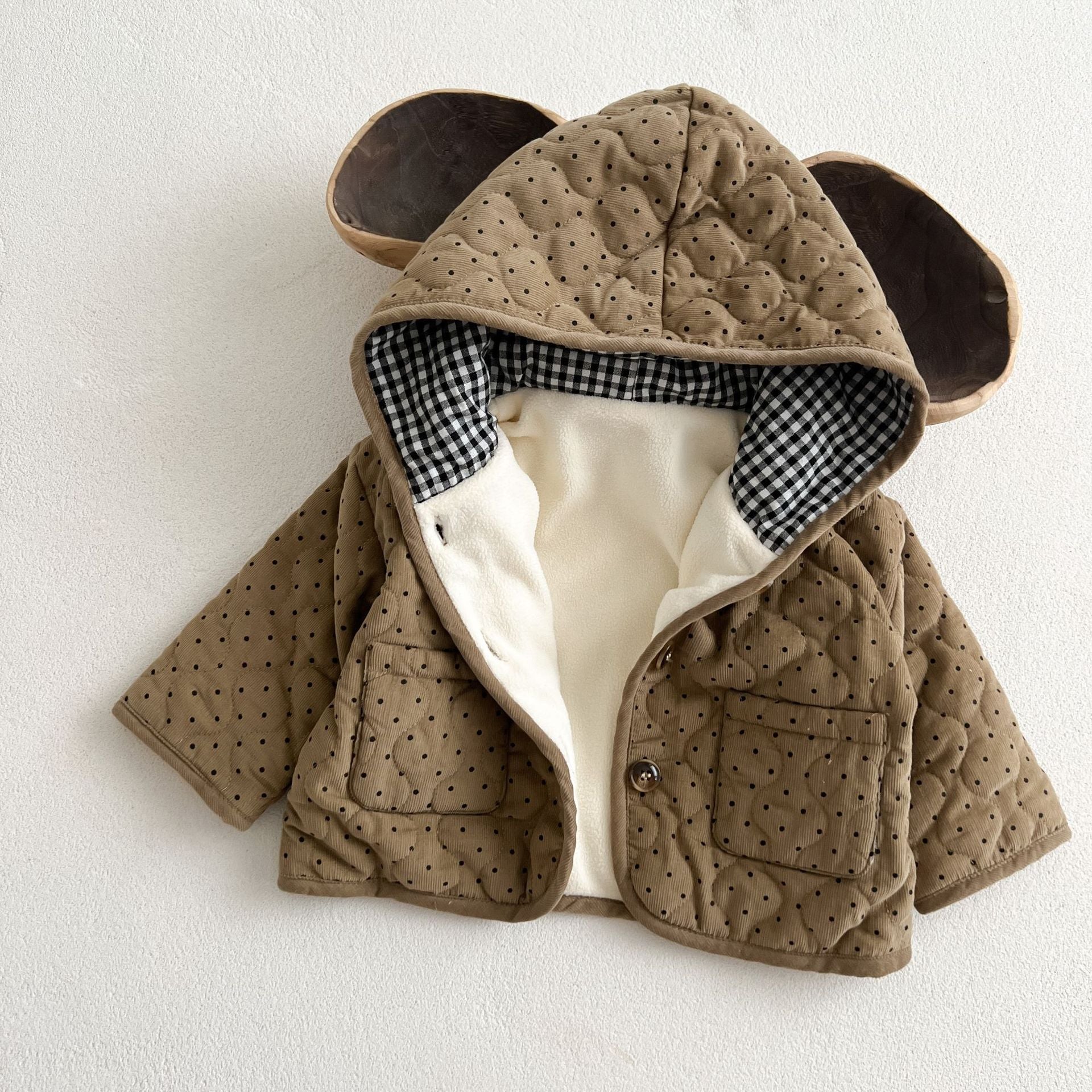 Baby Dot Pattern Corduroy Fabric Quilted Warm Coat With Hat-5