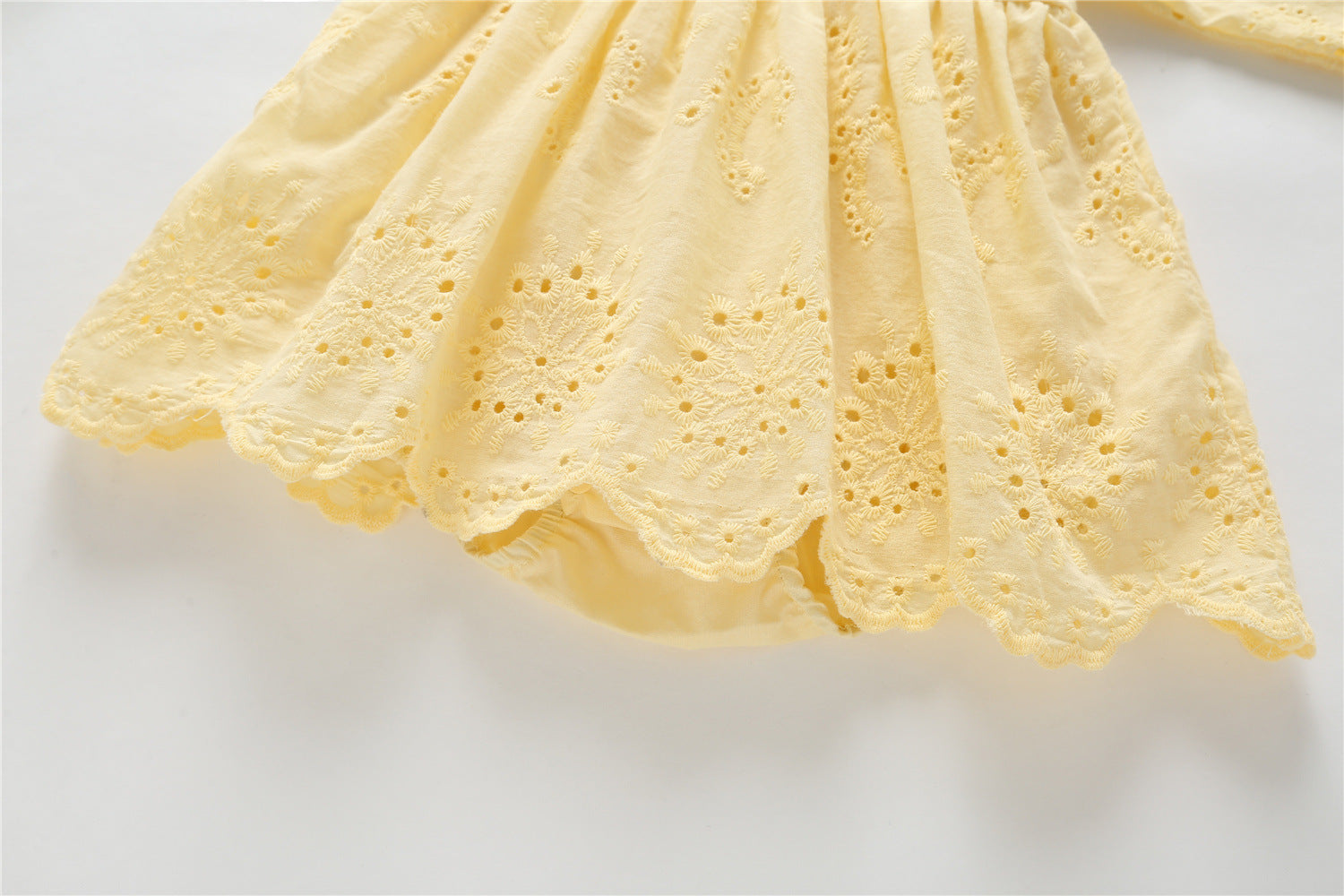 Baby Solid Yellow Hollow Carved Design Long Sleeves Bow Dress & Hat-5
