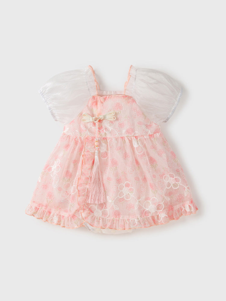 Summer New Dress Design Baby Girls Pink Flowers Pattern And Embroidery Short Sleeves Square Neck Sweet Cute Onesies-4