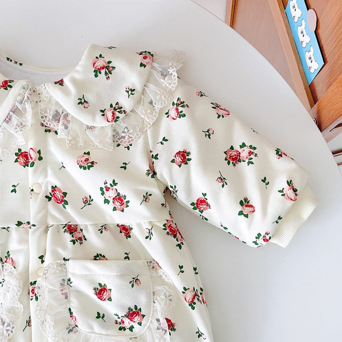 Baby Girl Floral Pattern Mesh Patched Design Doll Neck Jumpsuit-5