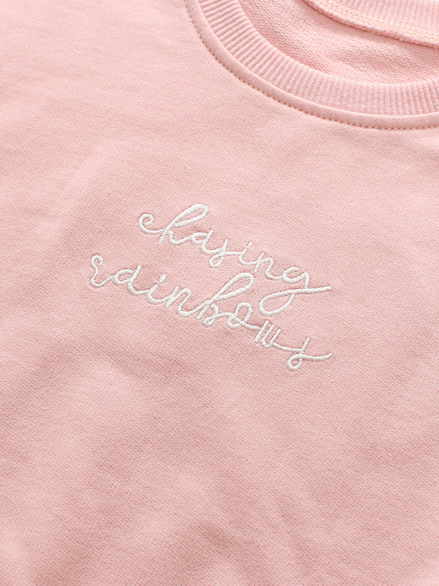 Spring Baby Kids Girls Letters Embroidery Long Sleeves Pullover And Solid Flared Pants Clothing Set-5