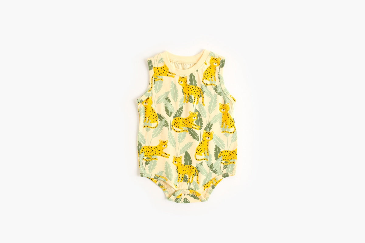 Baby Boy And Girl Animal Tiger Print Sleeveless Onesies In Summer Outfit Wearing-5
