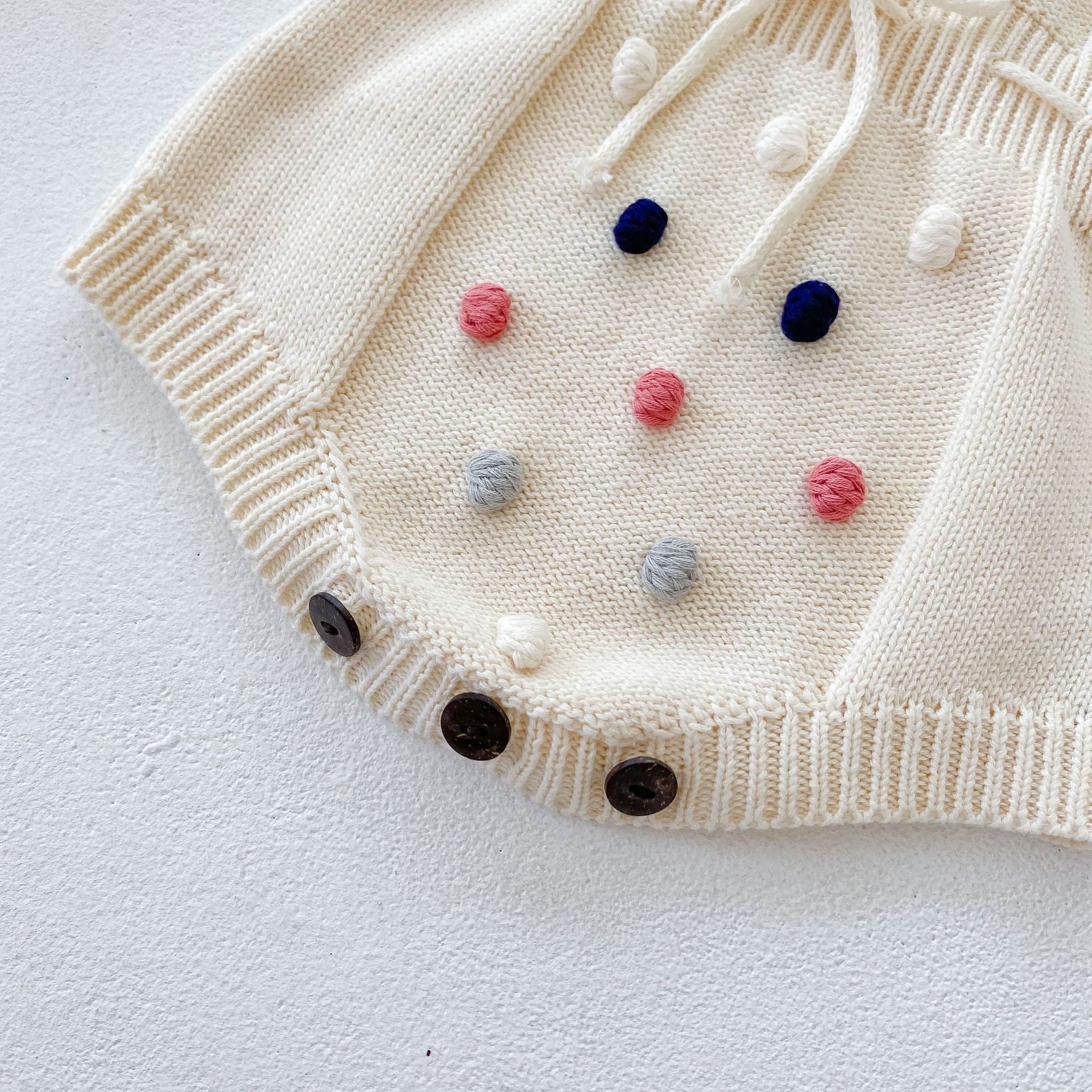 Baby Girl Colorful Handmade Ball Patched Belted Knitted Bodysuit & Cardigan 1-Pieces Sets-5