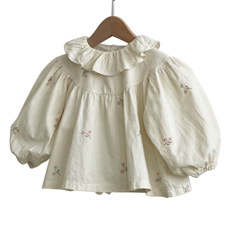 Baby Flower Embroidered Pattern Ruffle Lapel Design Quality Onesies & Shirt-5