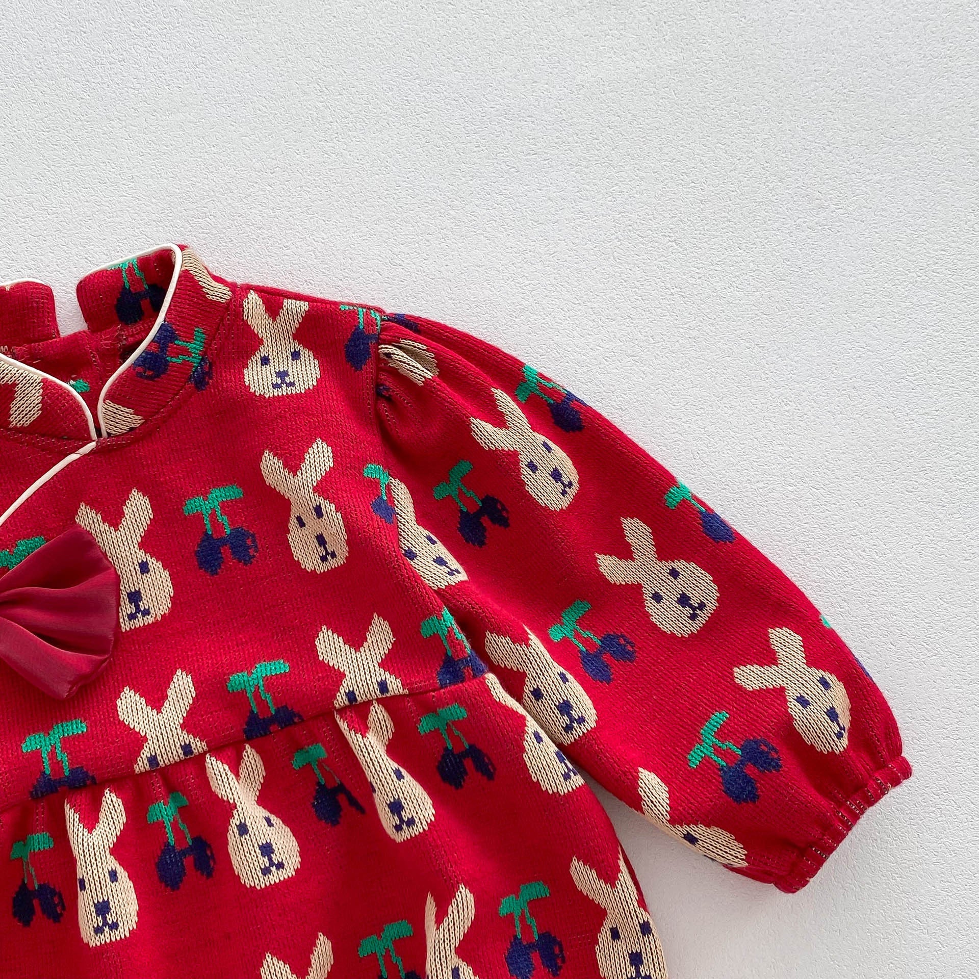 Infant Baby Girls Rabbit&Cherry Around Long Sleeve One Piece-4