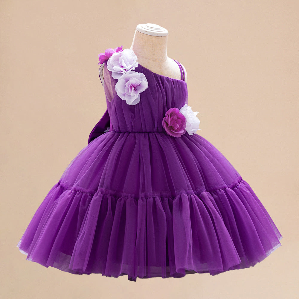 Summer Baby Kids Girls Princess Sleeveless 3D Flowers Birthday Tulle Dress-4