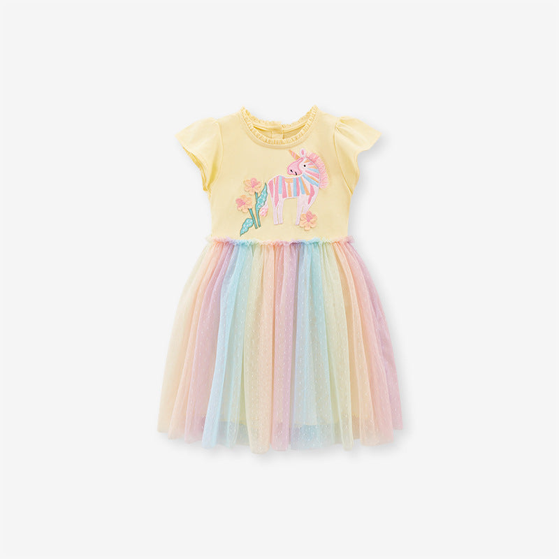 Spring And Summer Baby Girls Short Sleeves Floral Unicorn Cartoon Chiffon Dress-4