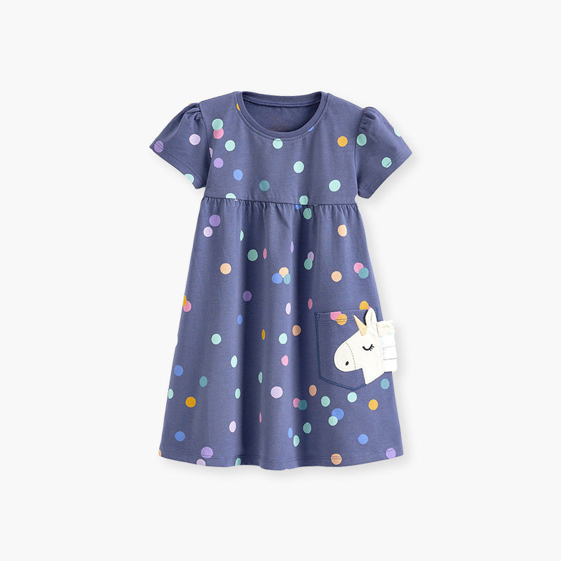 Spring And Summer Baby Girls Short Sleeves Polka Dots Dress With Unicorn Pocket-4
