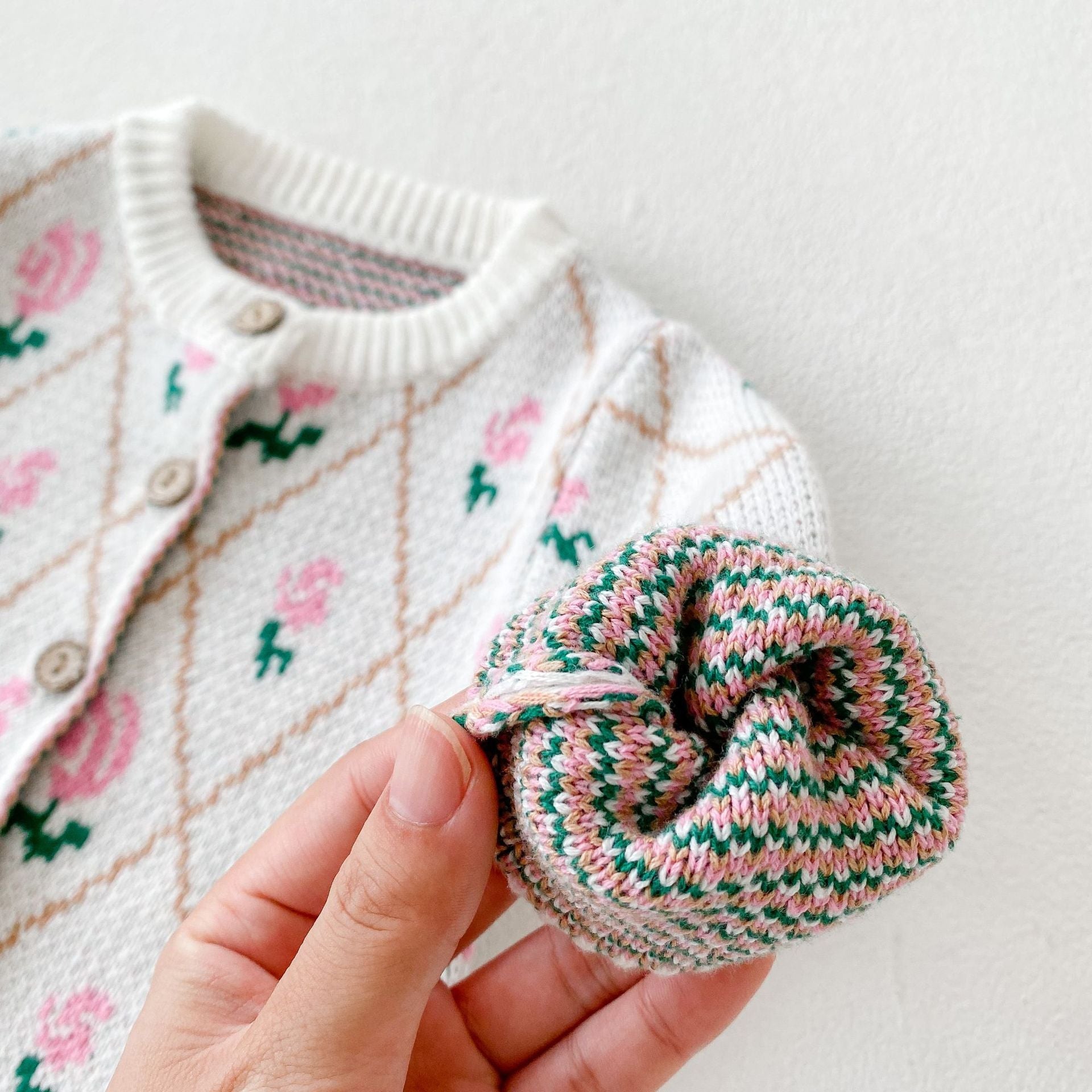 Baby Girl 1pcs Allover Roses Embroidered Graphic Crotch Bodysuit & Cardigan Handmade Knitted Sets-5