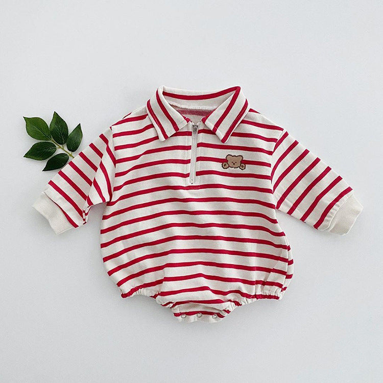 Baby Striped & Cartoon Patched Graphic Polo Neck Long Sleeves Bodysuit Onesies-5