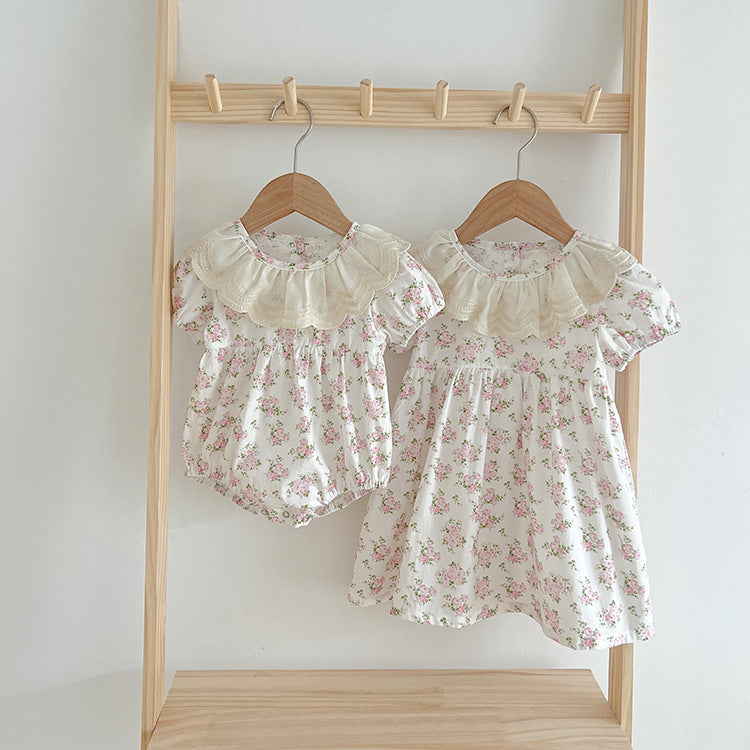 Summer Girls Floral Pattern Ruffle Collar Onesies And Girls’ Dress – Princess Sister Matching Set-5