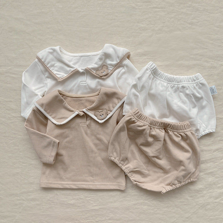 Baby Girl Bear Patched Pattern College Style Onesies & Sets-0