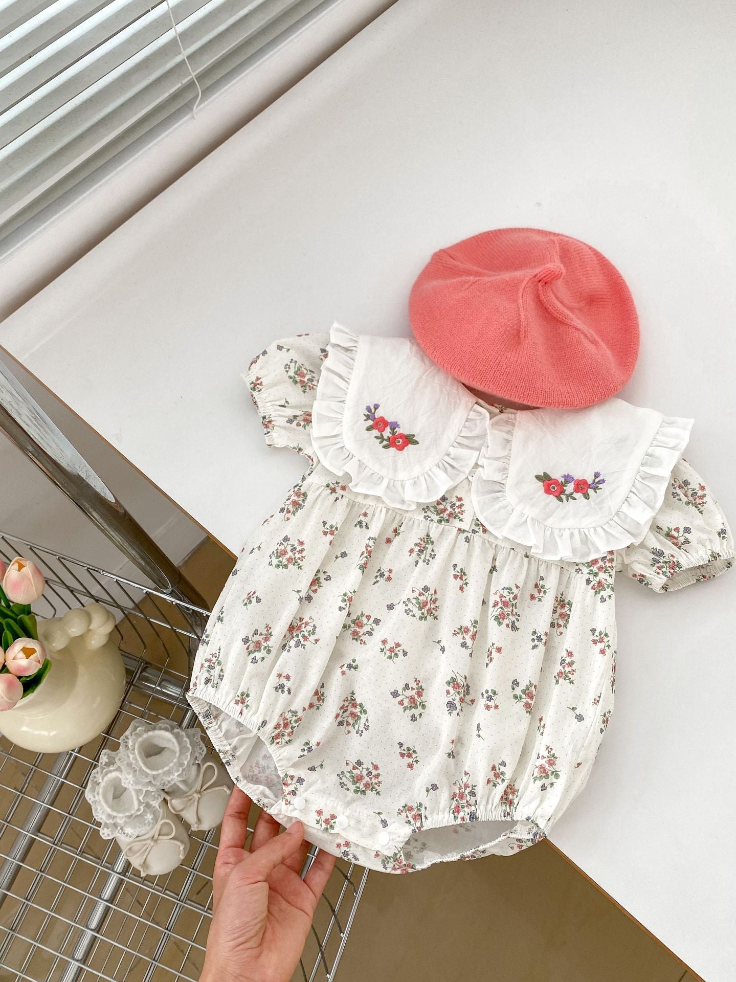 Summer Baby Girls Flowers Pattern Short Sleeves Onesies-5