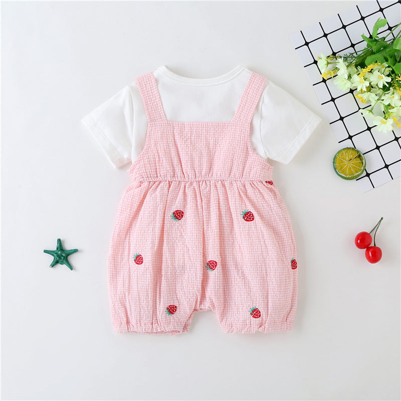 Baby Girl 1pcs Plaid Graphic Strawberries Embroidery Snap Button Jumpsuit & Solid Tee Sets-4