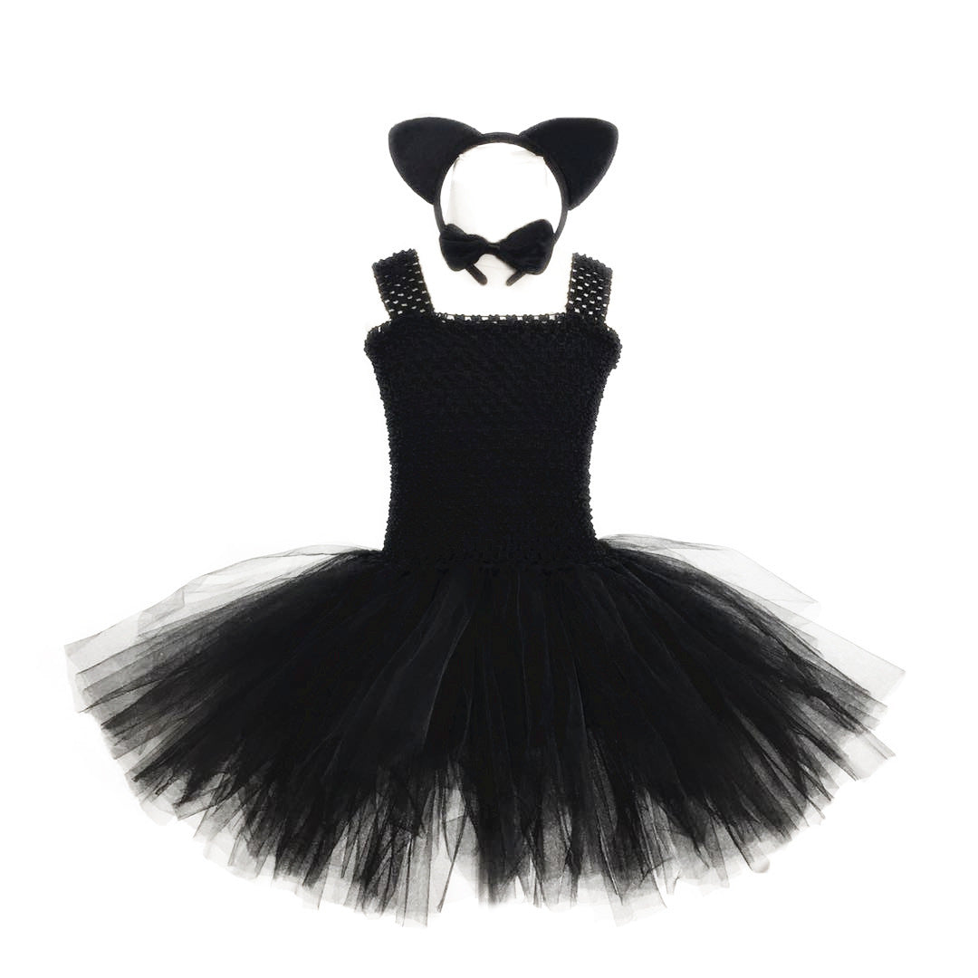 Children’s Halloween Solid Color Cat Costume Mesh Tutu Dress & 1-Piece Jewelry Sets-5