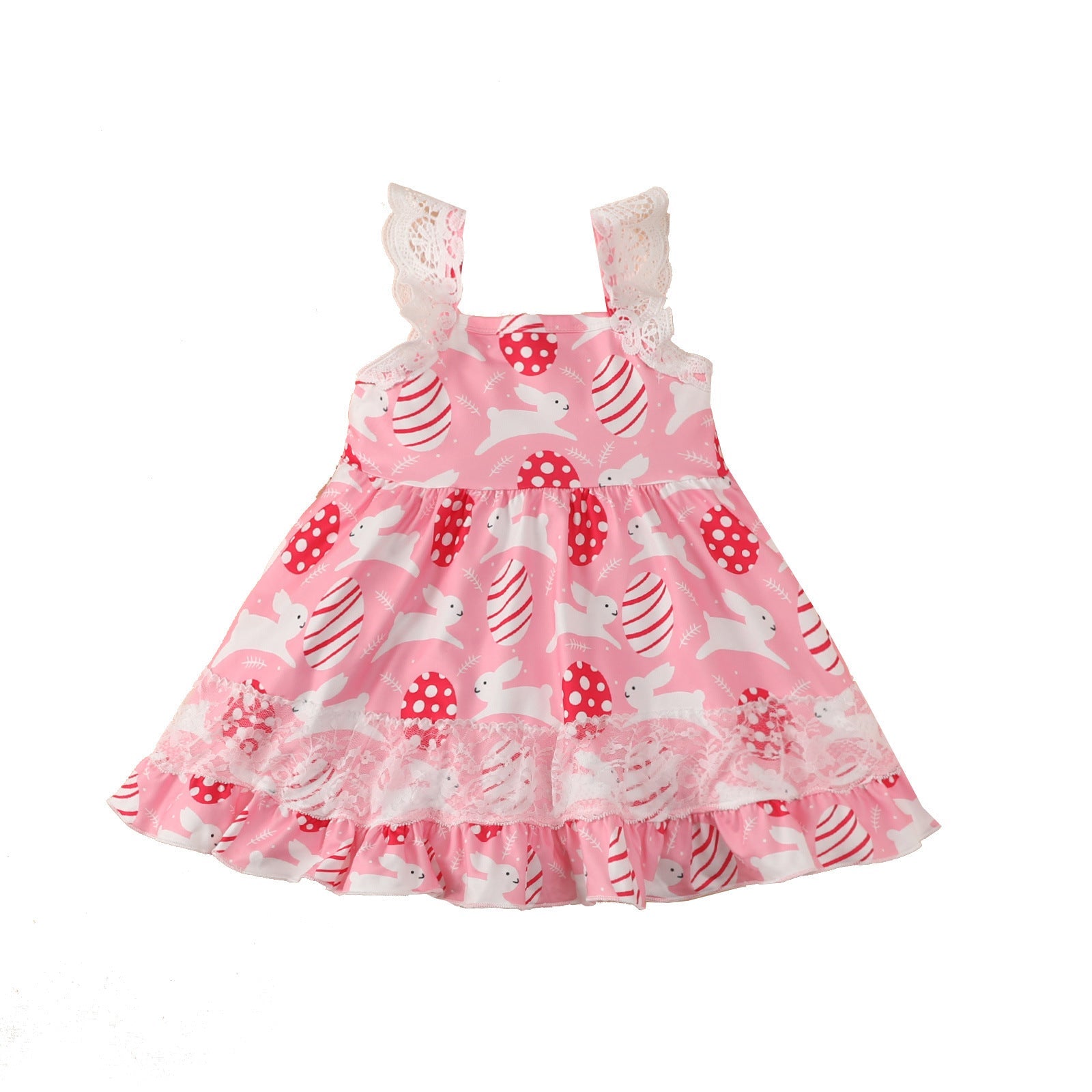 Baby Girl Rabbit & Egg Graphic Mesh Patchwork Design Sleeveless Dress-5