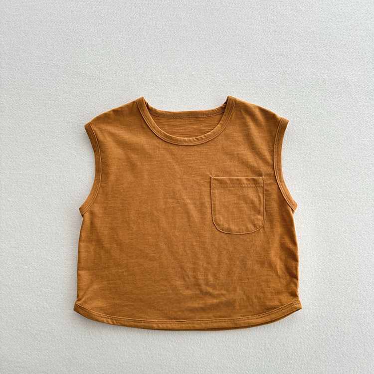 Refreshing Sleeveless Summer New Children’s Vest, Unisex Baby Bamboo Cotton Casual Pocketed Top-3