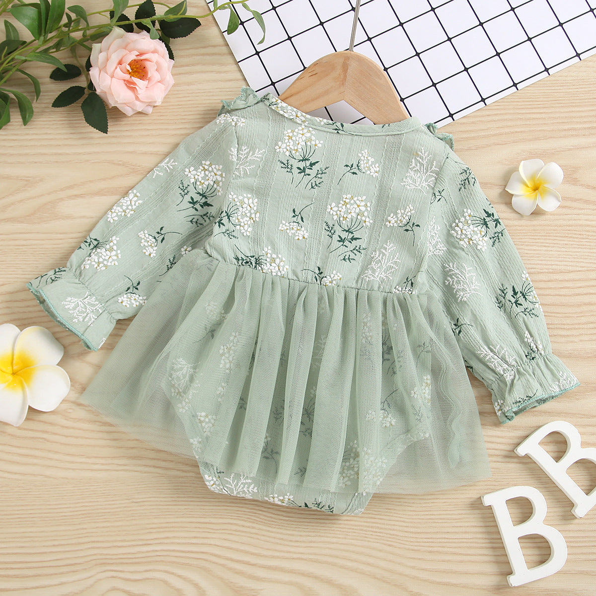 Baby Girl 1pcs Allover Grass Embroidered Graphic Mesh Overlay Dress Longsleeve Onesies-5