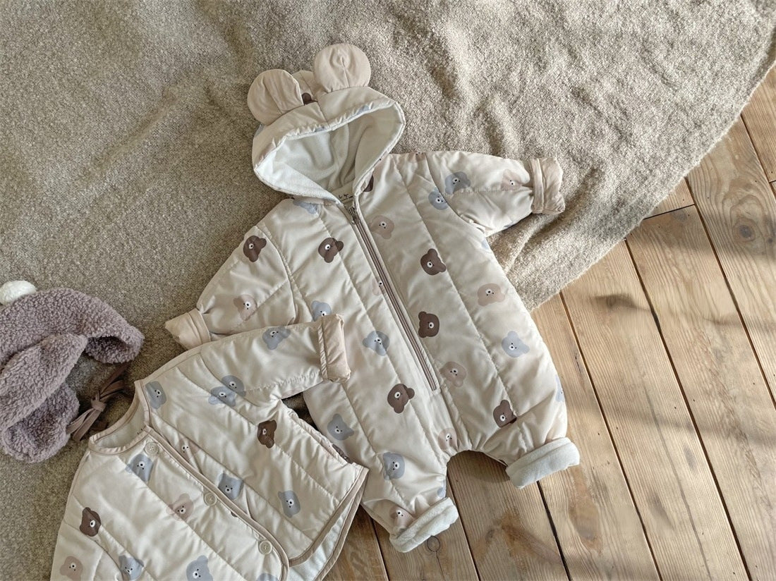 Baby Bear Print Pattern Quilted Warm Coat & Jumpsuit-5
