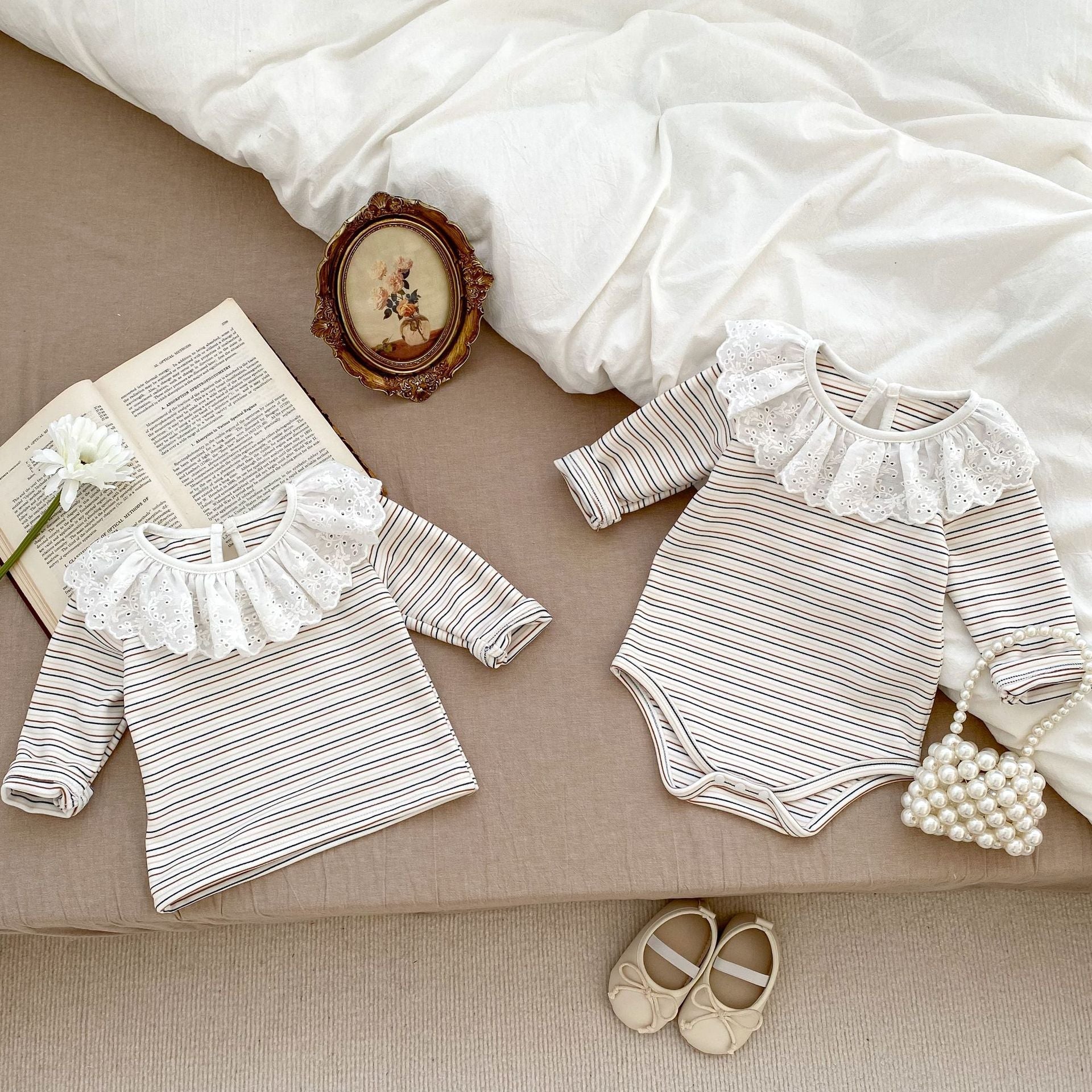 Autumn Striped Pattern Ruffle Neck Tops & Onesies-3