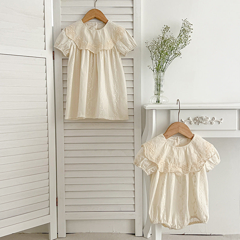 Summer Girls Solid Color Simple Floral Embroidery Big Collar Onesies And Dress – Princess Sister Matching Set-0