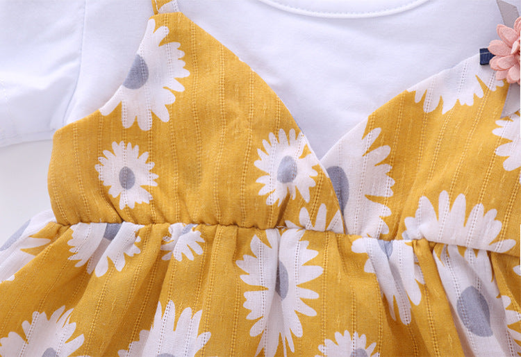 Baby Girl Little Daisy Print Pattern False Two-Piece Patchwork Design Round Collar Short-Sleeved Dress-5