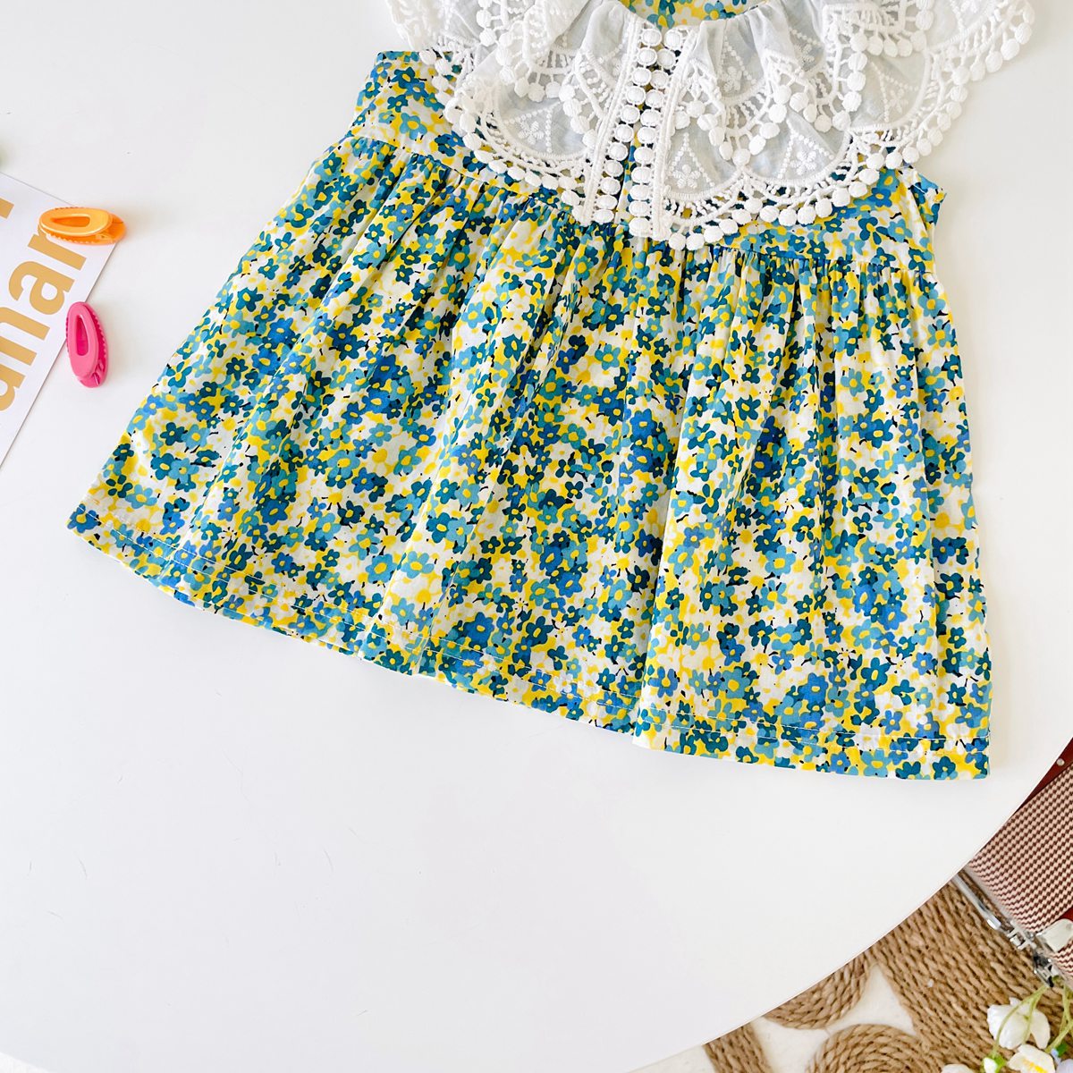 Baby Girl Floral Print Lace Patchwork Design O-Neck Dress-6