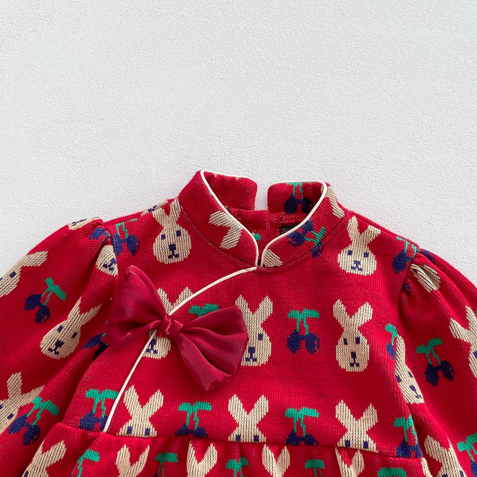 Infant Baby Girls Rabbit&Cherry Around Long Sleeve One Piece-5