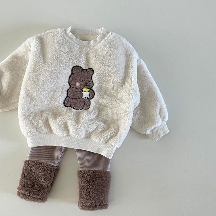 Baby Bear Embroidered Pattern Plush Hoodies Combo Pants Pieces Sets-6
