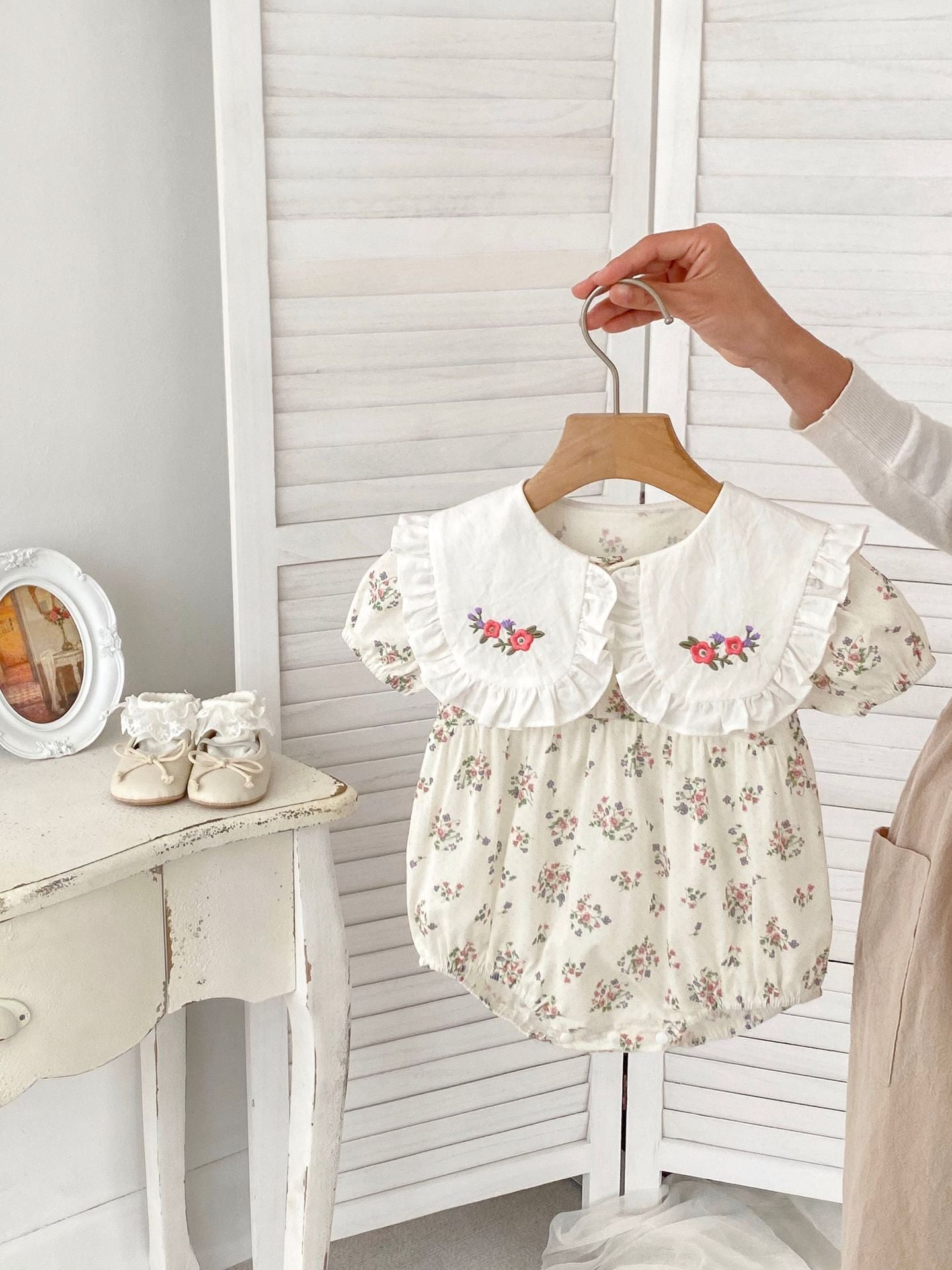Summer Baby Girls Flowers Pattern Short Sleeves Onesies-0