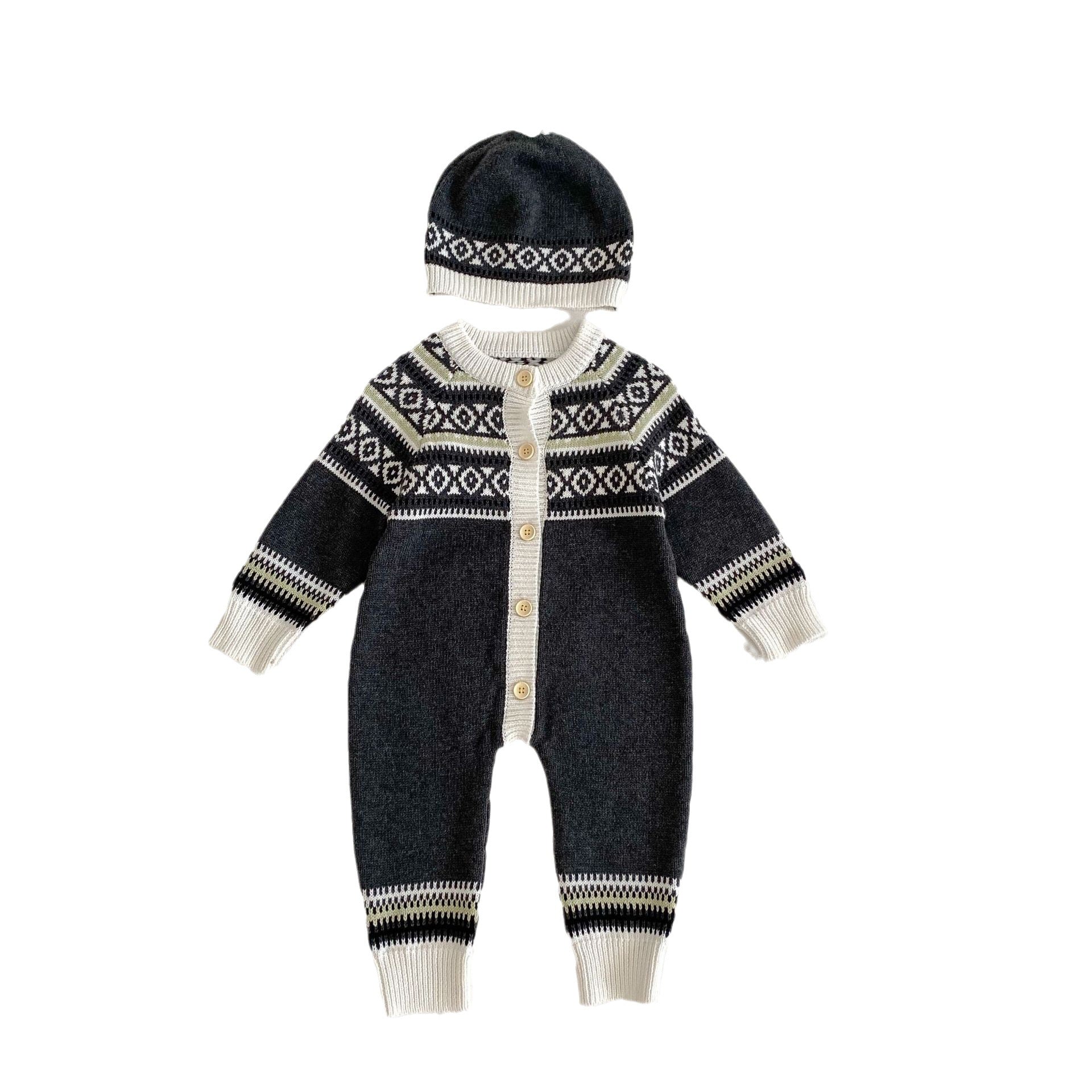 Geometric Pattern Unisex Baby Knitted Romper (No Hat)-6