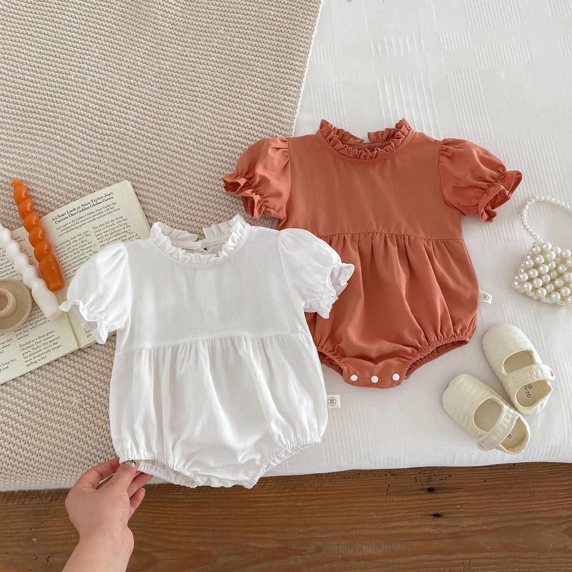 Summer Baby Girls Solid Color Plain Ruffle Neck Onesie-0