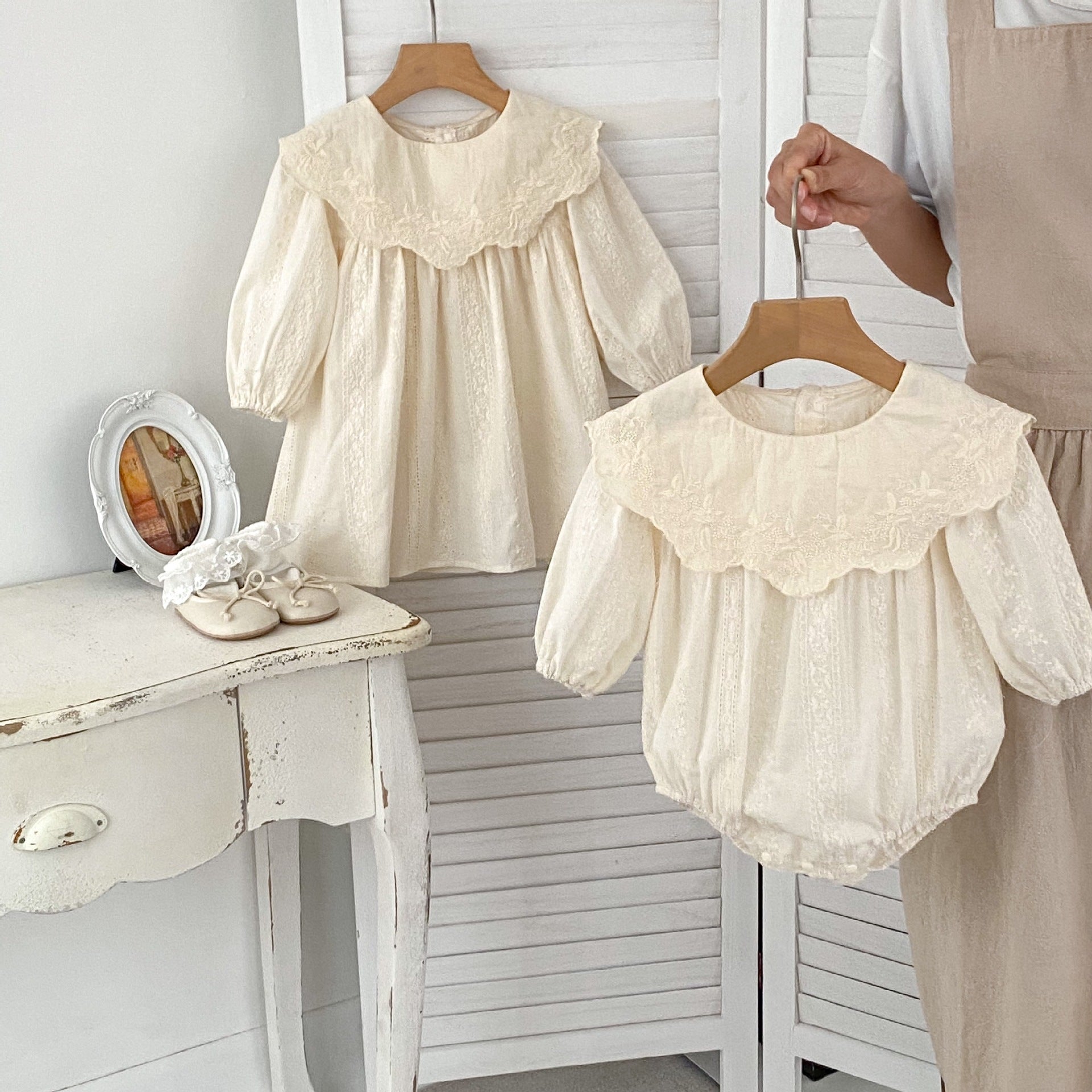 Spring Baby Beige Floral Embroidery Long-Sleeved Onesies And Dress For Girls – Princess Sister Matching Set-0