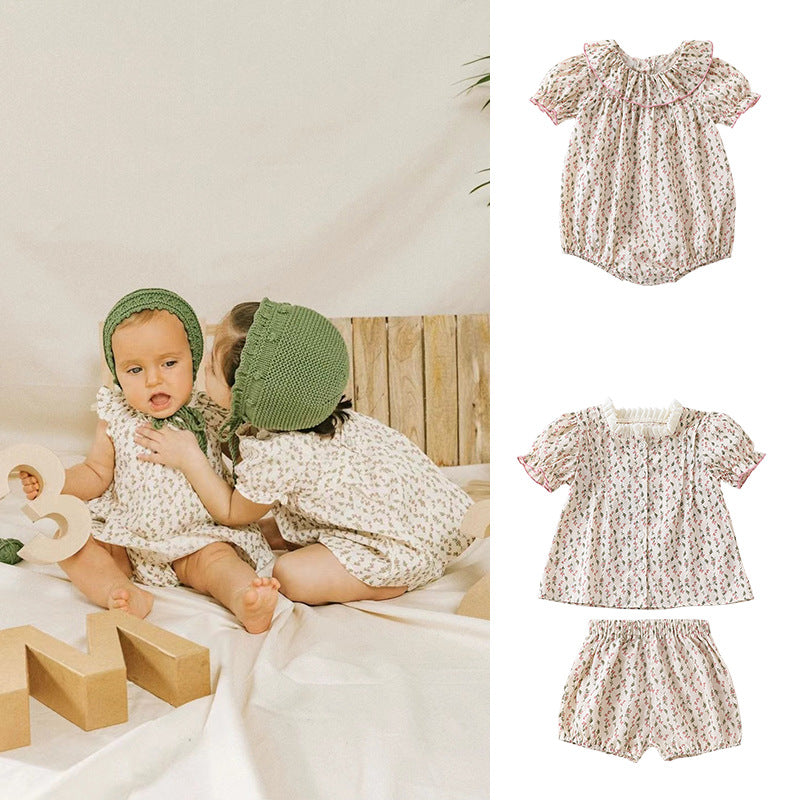 Baby Ditsy Flower Graphic Puff Sleeves Onesie&Sets-0