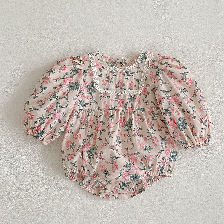 Baby Girl Flower Print Pattern Mesh Patchwork Design Onesies & Dress-6