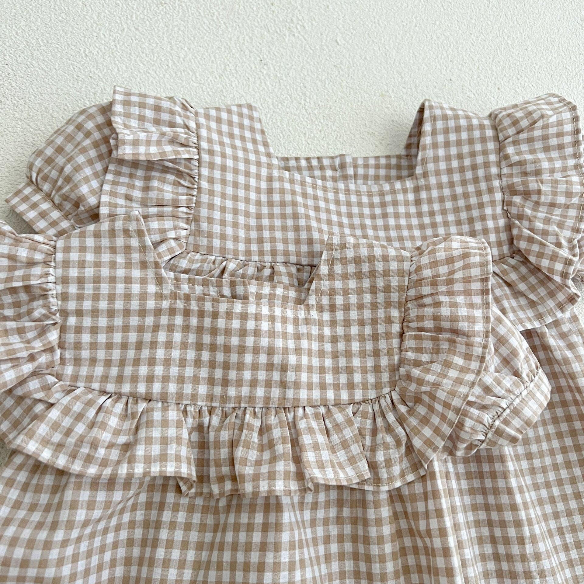 Baby Plaid Pattern Square Neck Puff Sleeves Onesies & Dress-6