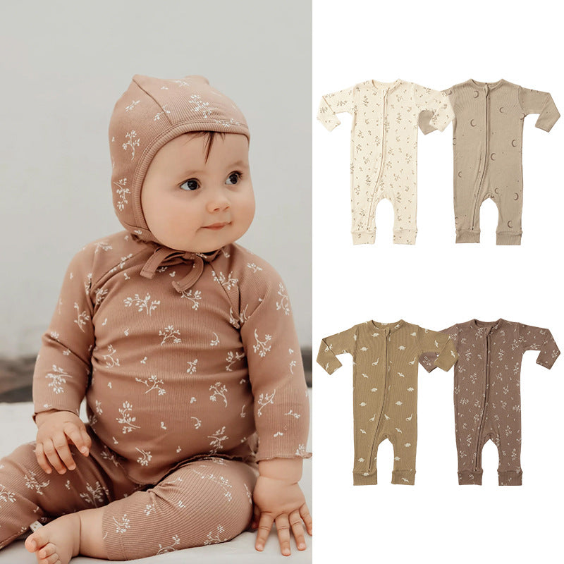 Baby Dinosaur & Floral Print Pattern Zipper Front Design Jumpsuit-0