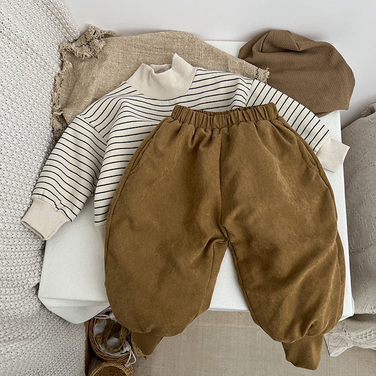 Baby Solid Color Thickened Lambswool Drawstring Casual Trousers-5