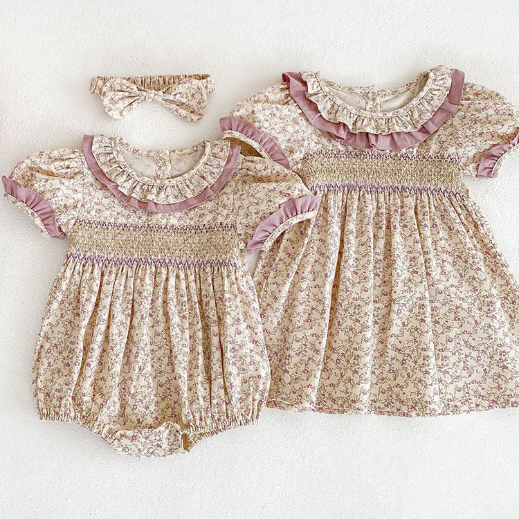 Baby Girl Ditsy Flower Ruffle Neck Dress & Onesies In Summer-1
