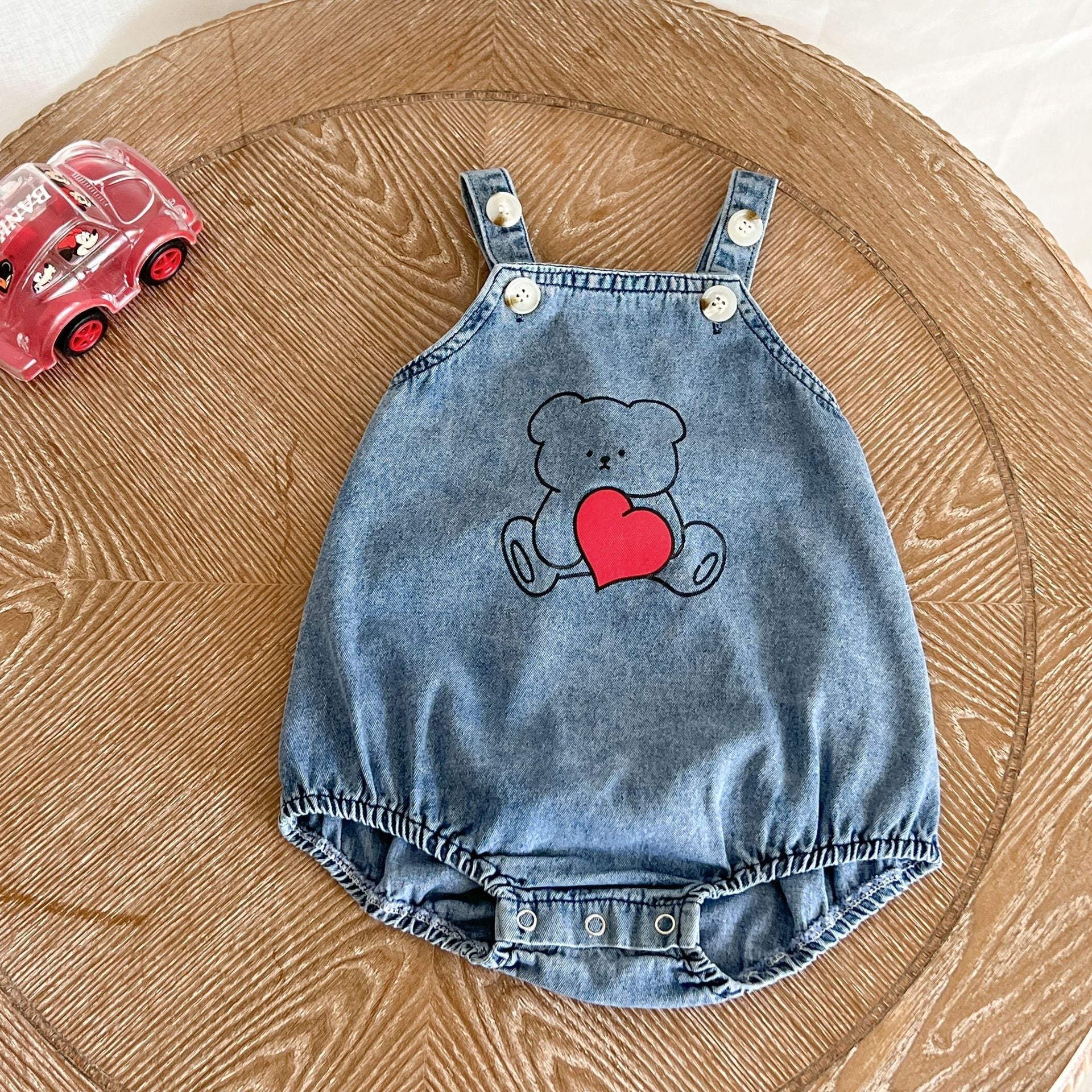 Baby Cartoon Bear Pattern Fashion Denim Strap Oniesies-0