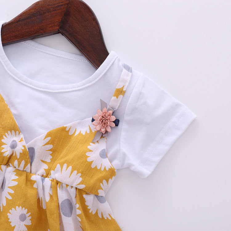 Baby Girl Little Daisy Print Pattern False Two-Piece Patchwork Design Round Collar Short-Sleeved Dress-6