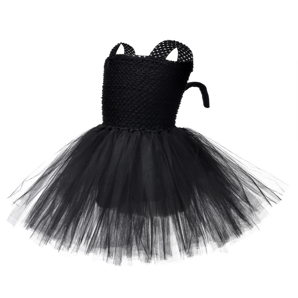 Children’s Halloween Solid Color Cat Costume Mesh Tutu Dress & 1-Piece Jewelry Sets-6