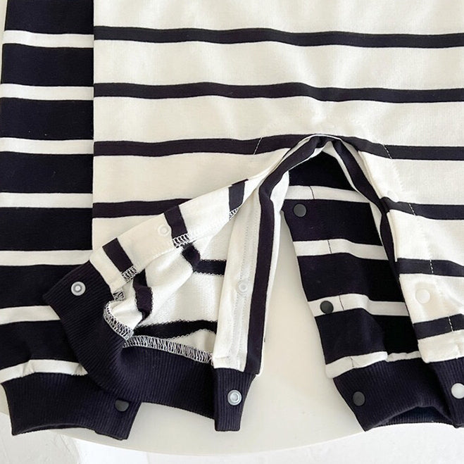 Baby Cartoon Bear Print & Striped Pattern Polo Neck Long Sleeve Romper-6