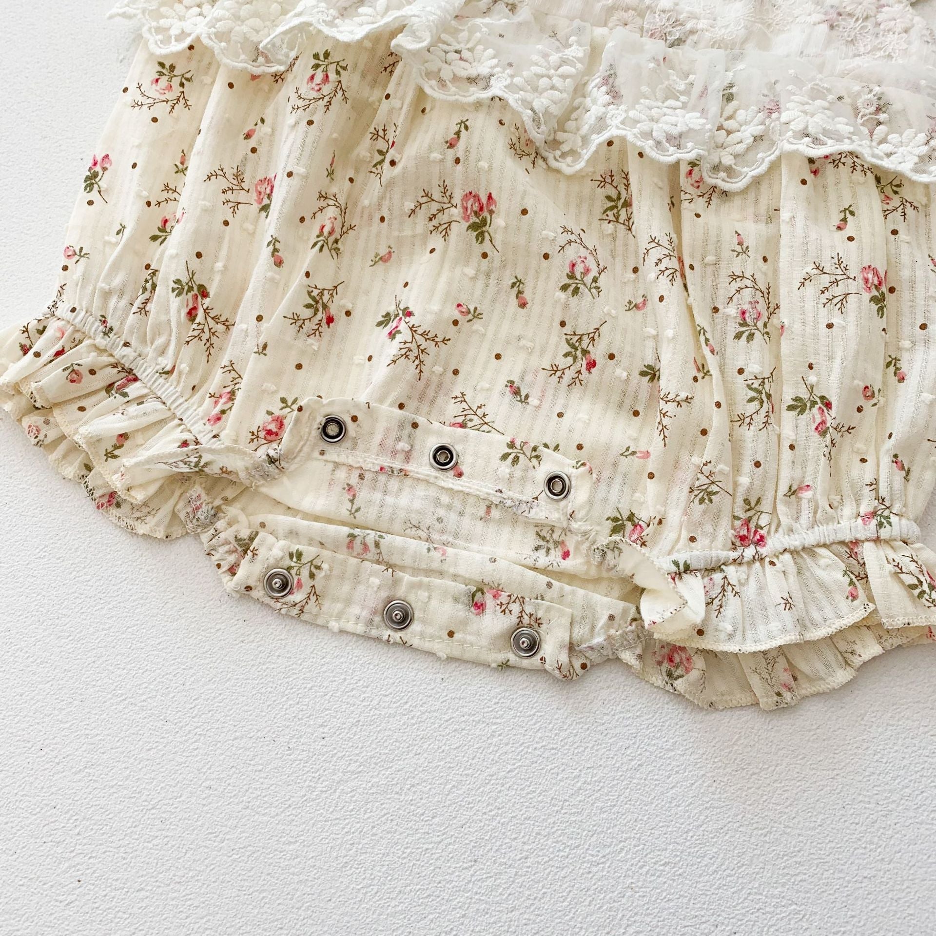 Baby Girls Ditsy Floral Graphic Embroidered Mesh Overlay Ruffle Onesies-6