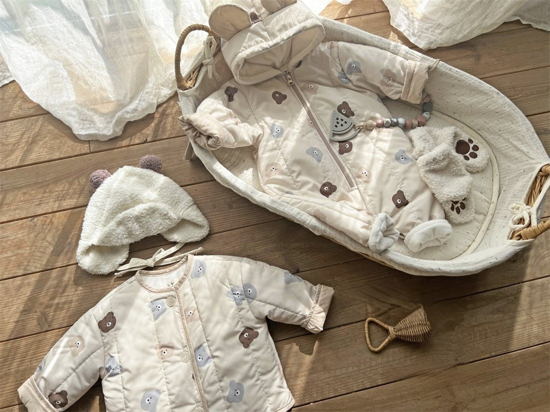 Baby Bear Print Pattern Quilted Warm Coat & Jumpsuit-6